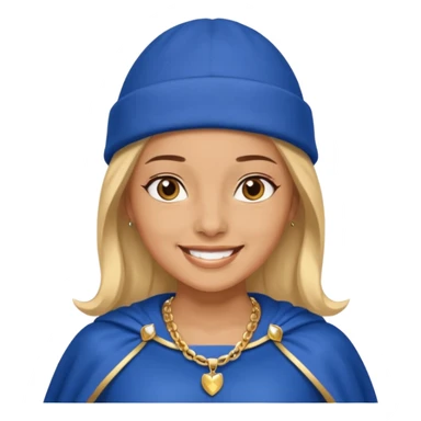 Female hero in blue beanie, cape flowing, smiling proudly.


































 sticker