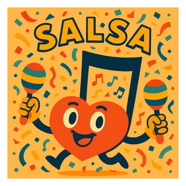 a stylized salsa music note with maracas and confetti, festive and fun sticker