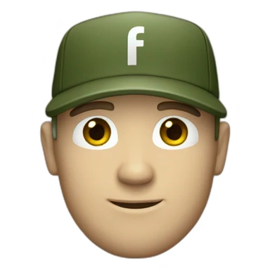 white man with short beard wearing a army green baseball cap with facebook logo sticker