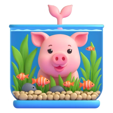 little pig peeking into a fish tank with aquatic plants and small fish, overall cute style sticker