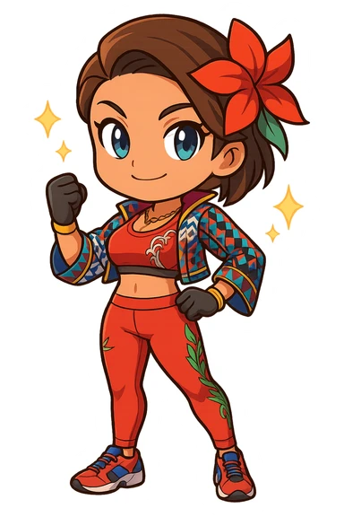 Azucena from Tekken 8 in chibi sticker style, with sparkles around her, proud pose, wearing the detailed red and patterned outfit from the reference images, designed for Twitch emote use. sticker