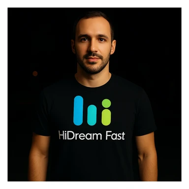 man wearing tshirt with this logo, dark night background with dim , add fast below logo, make man fit into image, add fast insead pf the dev keep rest same sticker