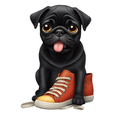 Black pug chewing on a shoe sticker