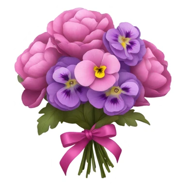 Bouquet composed of pink pansies, violet peonies tied with a dark pink ribbon and in the background purple butterflies sticker