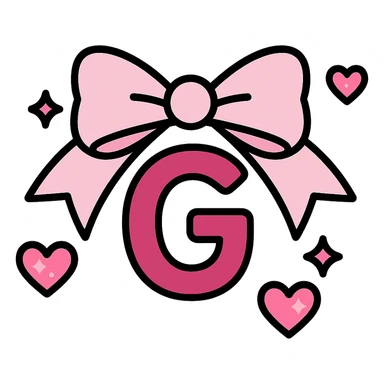 dark pink letter G surrounded by a light pink bow with floating glittery pink hearts sticker