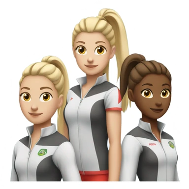 Three girls in track uniforms 2 with blonde pony tails one with brown ponytail sticker