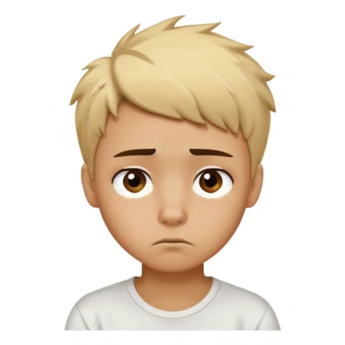 caramel skin color. Teen age. Short buzz, messy blonde hair, dark brown bushy eyebrows large expressive golden-brown eyes, brown skin color, scar over nose, wearing a plain white t-shirt. Disappointed thinking facial expression. caramel skin color sticker