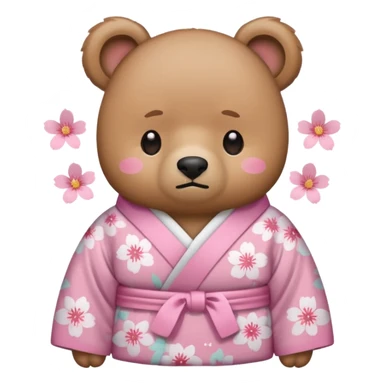 A cute light-brown bear wearing a pastel pink sakura-patterned kimono, normal balanced body ratio.  
Tears pooling under the eyes and softly streaming down cheeks, sad trembling mouth and droopy ears.  
Kawaii emoji style, minimalistic clean sticker illustration, white background. sticker