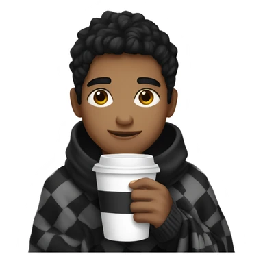 boy wearing black sweatshirt, black hair, hazel eyes, checkered black and white blanket , holding a coffee sticker
