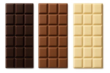 3 BARRETTE DI CIOCCOLATO, UNA FONDENTE, UNA AL LATTE E UNA BIANCA, VISTE DALL'ALTO, IPERREALISTICO 4K sticker