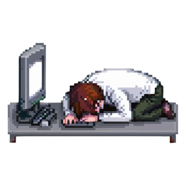 tired person at a computer, slumped over sticker