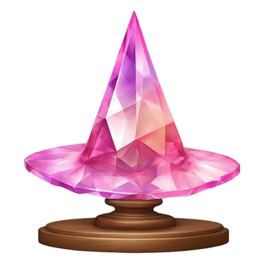 crystal sculpture witch hat with a geometric, faceted design. The hat is standing upright on a wooden stand with angular and baroque features. The vibrant midtone tints of pastels and pink highlights the sharp edges and planes.  sticker