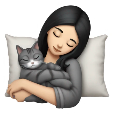 girl with black hair sleeping with grey cat sticker