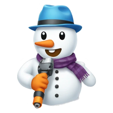snowman with hat and scarf holding a powertool sticker