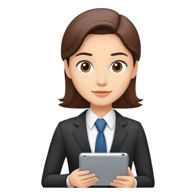 A flat-style illustration of a business executive confidently, holding a digital tablet or folder. The character wears smart business attire, clean cartoon style, white background, iOS emoji aesthetic. sticker