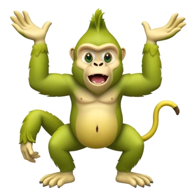 A yellow banana with arms and legs and a green gorilla head with expressive eyes sticker