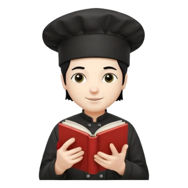 ["A happy man with pale skin, straight hair, wearing a chef hat and no glasses, dressed in goth fashion, is reading a book while holding a camera."] sticker