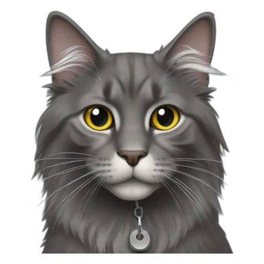 charcoal colored long haired cat with airtag collar sticker
