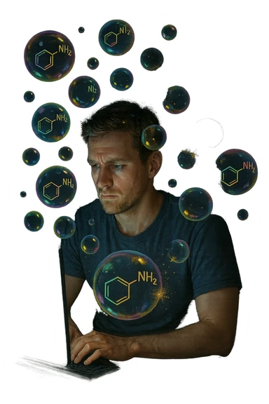 a man sits in front of a glowing screen, with colorful, artificial-looking dopamine molecules floating around his head like soap bubbles. Some bubbles pop and disappear quickly, symbolizing fleeting pleasure. In the background, a shadowy version of the man looks unsatisfied or empty, highlighting the temporary nature of the gratification. realistica con persone vere sticker