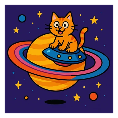 a whimsical cat riding a UFO around Saturn, colorful and fun sticker