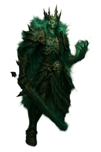 The Ruined King from League of Legends, detailed, wearing a jagged crown, ghostly green aura, fantasy character, full body, no text, emoji or icon style sticker