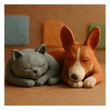 A gray British Shorthair cat curled up and sleeping next to a red Basenji dog sticker