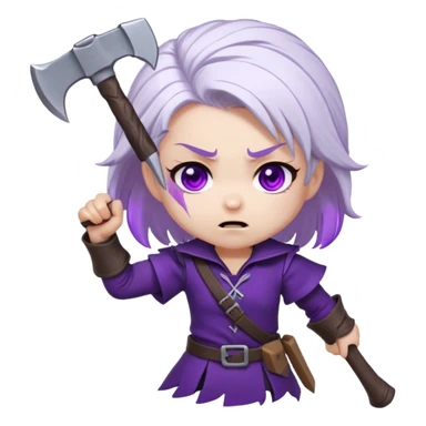Chibi Sable Ward being hit on the head with a small axe, caught in the act look, white hair with purple streaks, fully purple eyes, dizzy expression sticker