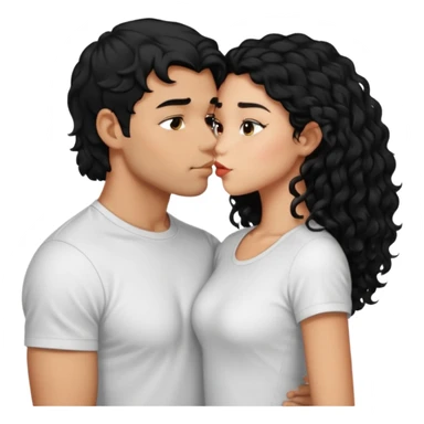 a strong man with short straight black hair kissing a shorter girl with long black curly hair sticker