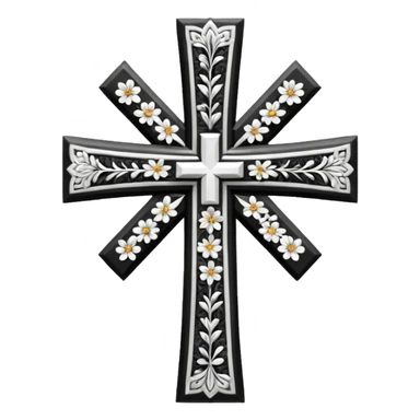 a black and white detailed cross with flowers over lapping sticker