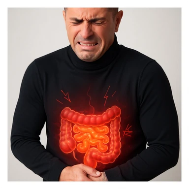 Realistic style image of a man with an expression of pain and discomfort, focus on the abdomen. Highlight the inflamed and painful intestine with visual effects such as redness, glow, and inflammation symbols. Neutral background. sticker