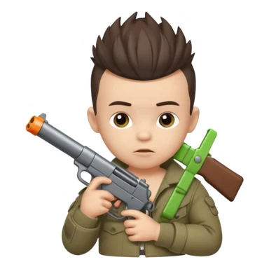 Brunette male newborn baby with Mohawk hair and gun sticker