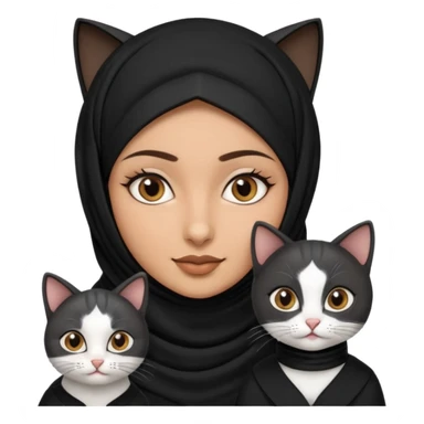 A Arabic woman human with brown eyes and black hijab. , the human is a human, two cats, the both cats is blackwhite,,  NO CAT EARS ON THE HUMAN ,  sticker
