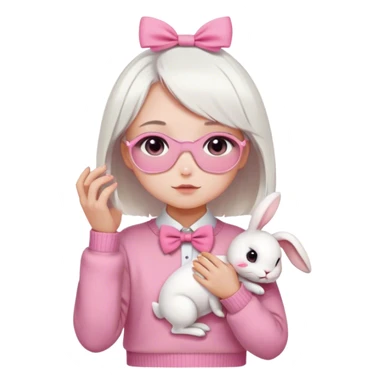 Create a human emoji of a girl with short white hair that covers her eyes only from the front, wearing a pink bow tie in the middle of her hair, wearing a pink sweater and white pants. Holding a white rabbit with pink eyes. sticker