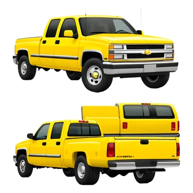 Minimalist bright yellow 1997 Chevrolet C-2500 Crew Cab Silverado truck, three-quarter view at 30 degrees, simplified design, same yellow color as in Kill Bill movie, iOS emoji style sticker