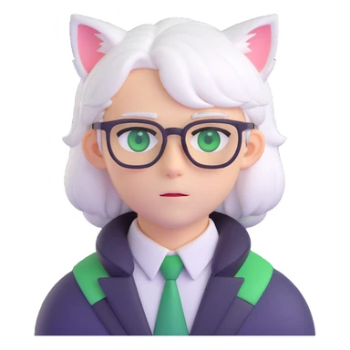 An anime guy with white hair, white cat ears, green eyes, and glasses, only head sticker