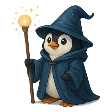penguin wizard holding a staff wearing a pointed hat with magical sparkles sticker