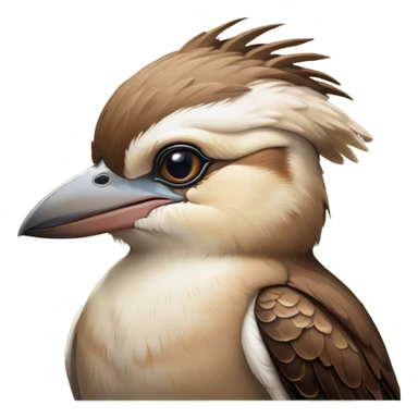 Cinematic Noble Kookaburra Portrait Emoji, Poised and regal, with a stout, robust build and a striking plumage of earthy browns and creams, a strong beak and deep-set soulful eyes, Simplified yet sharp and sophisticated features, highly detailed, glowing with a soft, dignified glow, high shine, intelligent and exuberant, stylized with an air of native woodland majesty, focused and attentive, soft glowing outline, capturing the essence of a watchful and confident bird, so majestic it feels as though it could laugh out of the screen with effortless authority! sticker