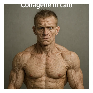 hyper realistic young bodybuilder prematurely aged due to collagen deficiency, well visible muscles, skin with marked wrinkles and loss of tone, arrows and text 'Collagene in calo', neutral atmosphere sticker