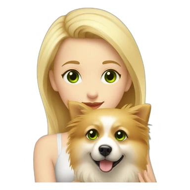 Blonde girl with green eyes, hugs her pomeranian dog, red sticker
