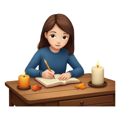 Girl writing in a journal on a desk with a candle on it next to a window with fall scenery sticker