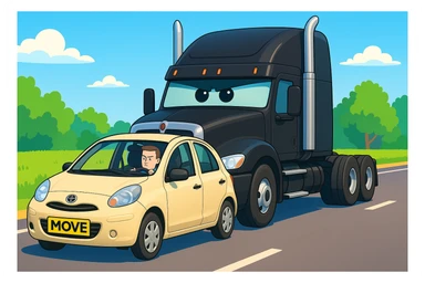 Make the entire scene brighter and more vibrant, keep the black semi truck without a trailer and a person in the car in front. sticker