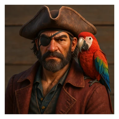 3d illustration of a pirate with eye patch and parrot sticker