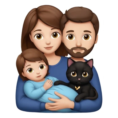 1 mom brown hair, 1 dad, 1 baby and 1 black cat sticker