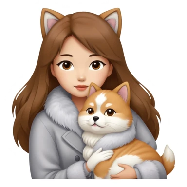 A Chinese fashion girl with brown hair, wearing a light gray fur coat, hugging a Shiba Inu and a long-haired white Persian cat. sticker