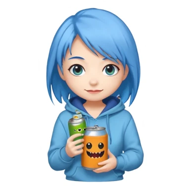 Chibi sticker of a woman with powder blue hair with white eyes hold a can of Monster with a smug smile; cozy style sticker