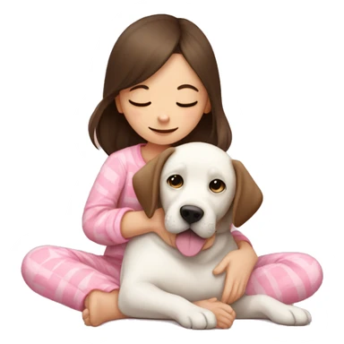 dark brown hair girl with pink Pyjama cuddling a white Labrador  sticker