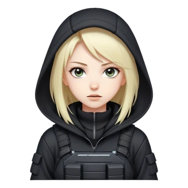 Anime girl in a black hoodie, tactical gear, high-tech controls, focused expression sticker