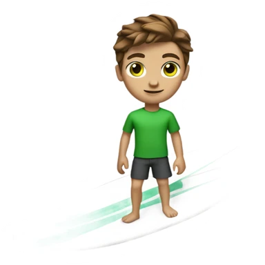 do a white skin teenage boy surfing with brown hair green eyes and a cute outfit, full body legs arms sticker
