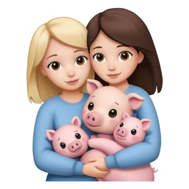 Girlfriends, blonde and brunette, hugging each other with a teddy bear and a little pig sticker