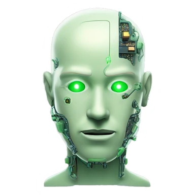 Pastel green bald male cyborg head with goatee and circuitry sticker